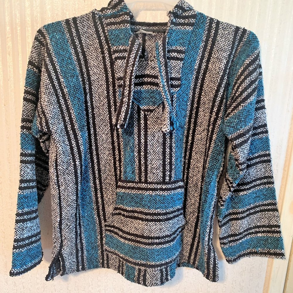MENS - sz M Baja jacket Saddle Blanket Poncho blue gray black pullover hoodie